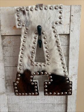 Studded Cowhide Letter “A” Wall Hanging - Brown & White Hide/ Wood Backing